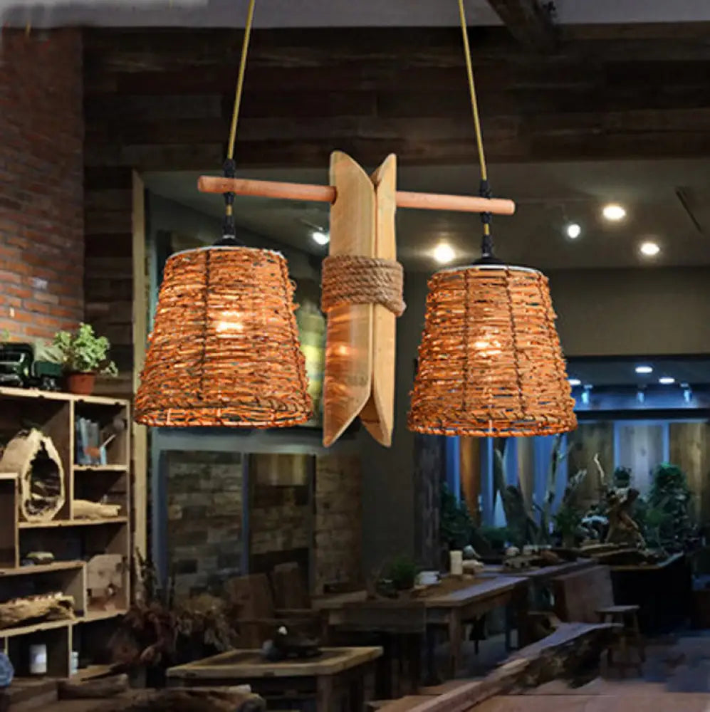 Odile - Farmhouse Rope Barrel Chandelier: Beige Pendant Lamp With Bamboo Panel