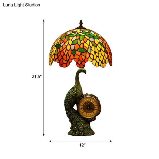 Olivia - Green 1 Head Night Light Tiffany Stained Glass Wisteria Table Lamp With Peacock And Clock