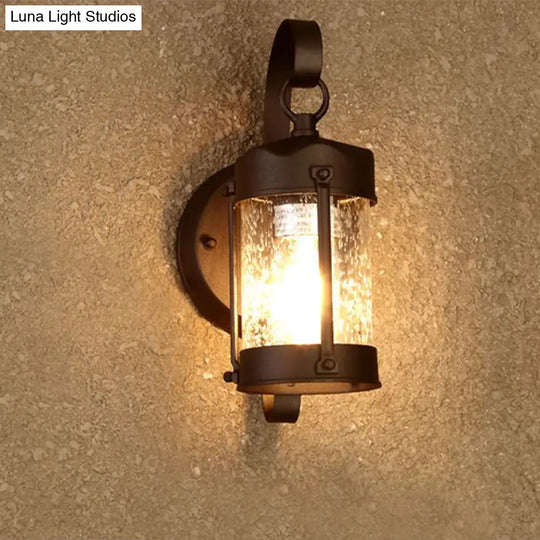 One Bulb Industrial Porch Sconce Lighting Fixture With Bubble Glass Cylinder/Lantern Shade In Black