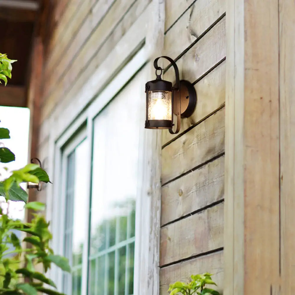 One Bulb Industrial Porch Sconce Lighting Fixture With Bubble Glass Cylinder/Lantern Shade In Black