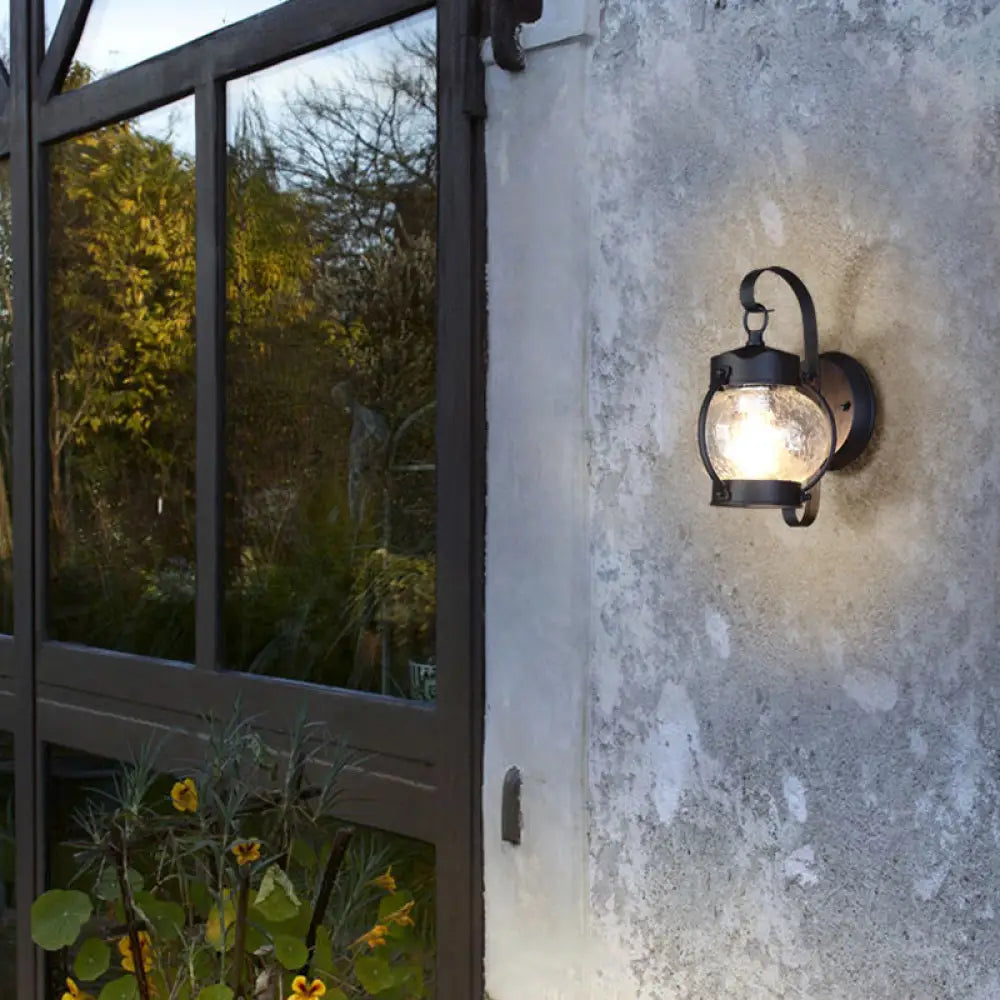 One Bulb Industrial Porch Sconce Lighting Fixture With Bubble Glass Cylinder/Lantern Shade In Black