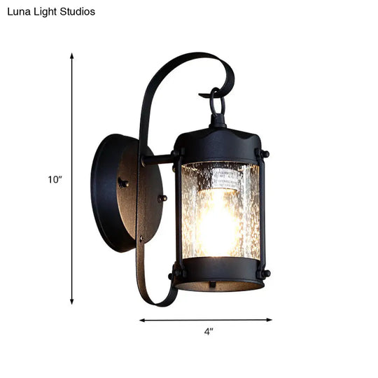 One Bulb Industrial Porch Sconce Lighting Fixture With Bubble Glass Cylinder/Lantern Shade In Black