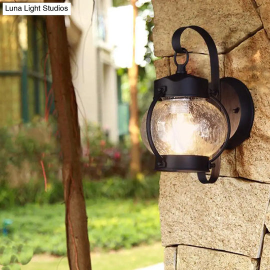 One Bulb Industrial Porch Sconce Lighting Fixture With Bubble Glass Cylinder/Lantern Shade In Black