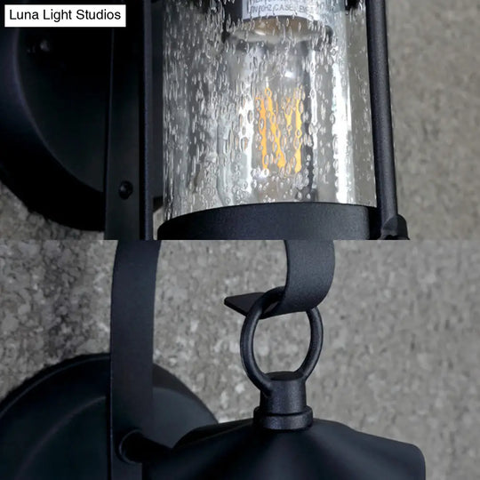 One Bulb Industrial Porch Sconce Lighting Fixture With Bubble Glass Cylinder/Lantern Shade In Black