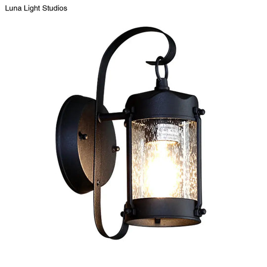 One Bulb Industrial Porch Sconce Lighting Fixture With Bubble Glass Cylinder/Lantern Shade In Black