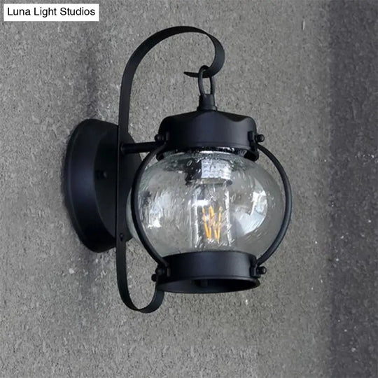 One Bulb Industrial Porch Sconce Lighting Fixture With Bubble Glass Cylinder/Lantern Shade In Black