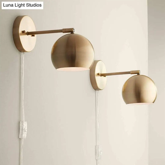 One Bulb Metal Industrial Wall Light With Round Shade In Brass - Ideal For Living Room Sconce