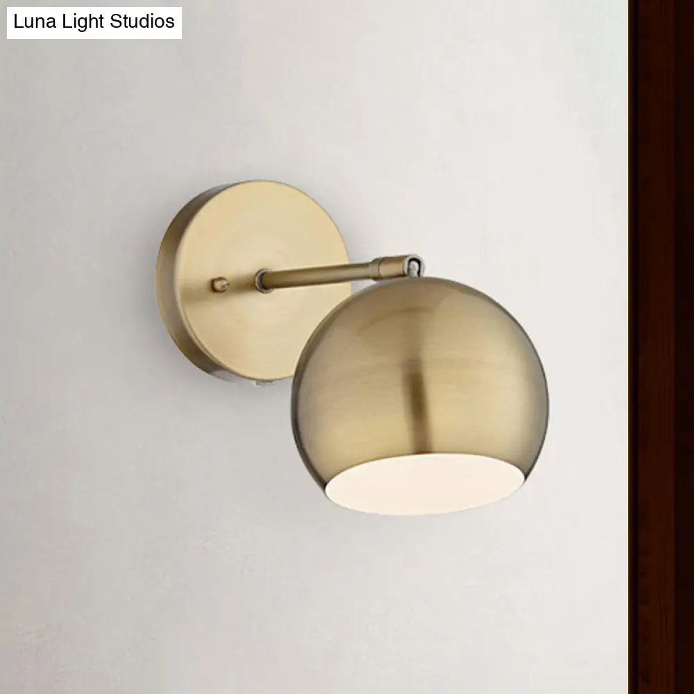 One Bulb Metal Industrial Wall Light With Round Shade In Brass - Ideal For Living Room Sconce