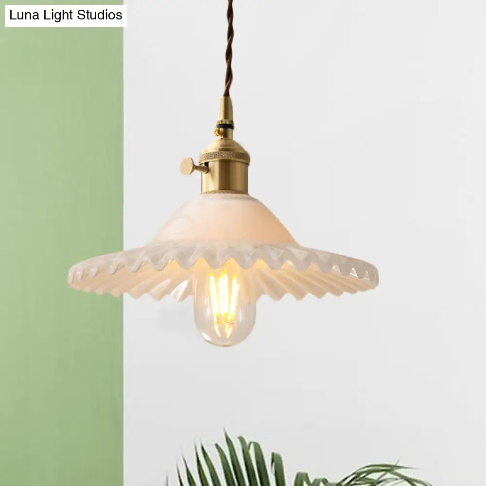 One Light Scalloped Pendant Lighting Fixture Industrial Brass White Glass Hanging Ceiling