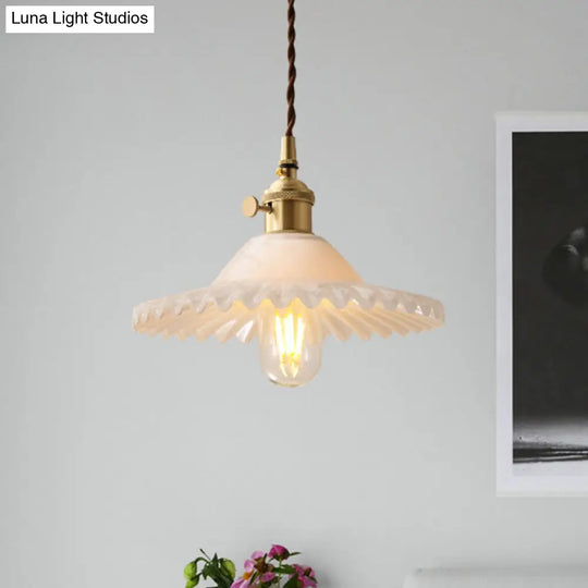 One Light Scalloped Pendant Lighting Fixture Industrial Brass White Glass Hanging Ceiling