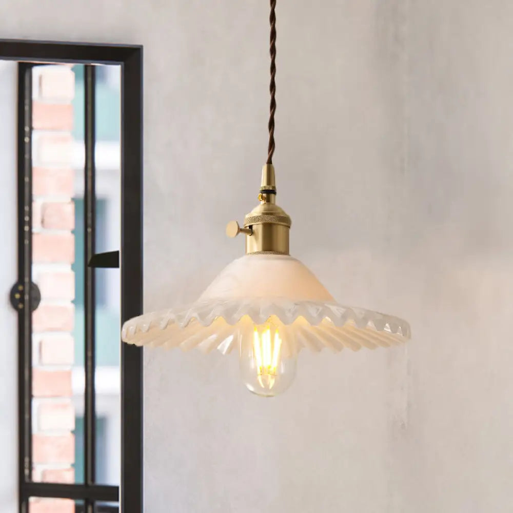 One Light Scalloped Pendant Lighting Fixture Industrial Brass White Glass Hanging Ceiling