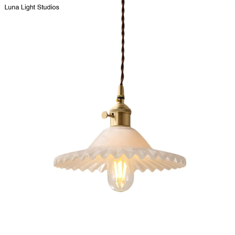 One Light Scalloped Pendant Lighting Fixture Industrial Brass White Glass Hanging Ceiling