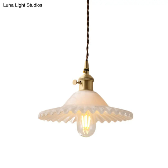 One Light Scalloped Pendant Lighting Fixture Industrial Brass White Glass Hanging Ceiling