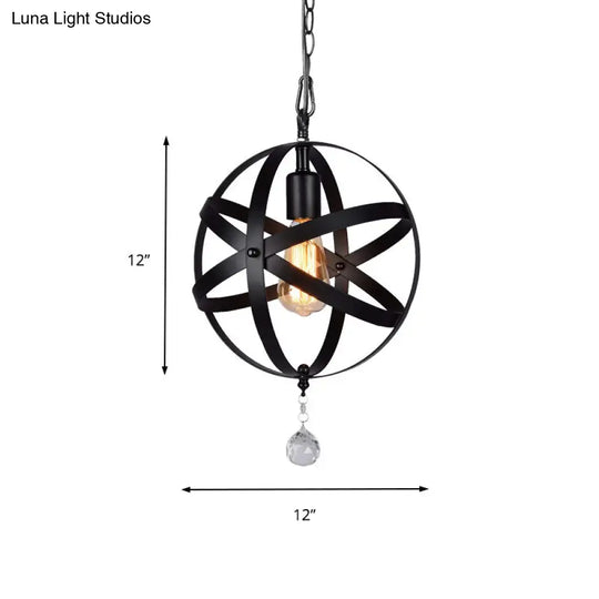 Industrial Black Metal Globe Pendant Lighting With Optional Crystal Ball - One Light Strap Design