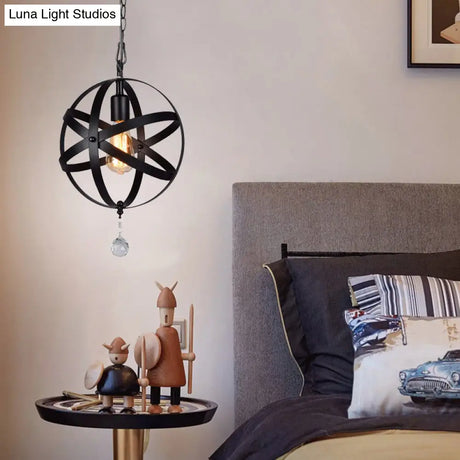 One Light Strap Globe Pendant Industrial Black Metal Ceiling With/Without Crystal Ball