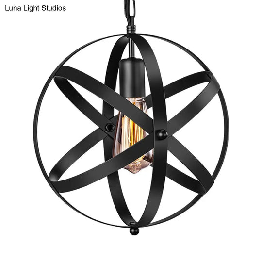 Industrial Black Metal Globe Pendant Lighting With Optional Crystal Ball - One Light Strap Design