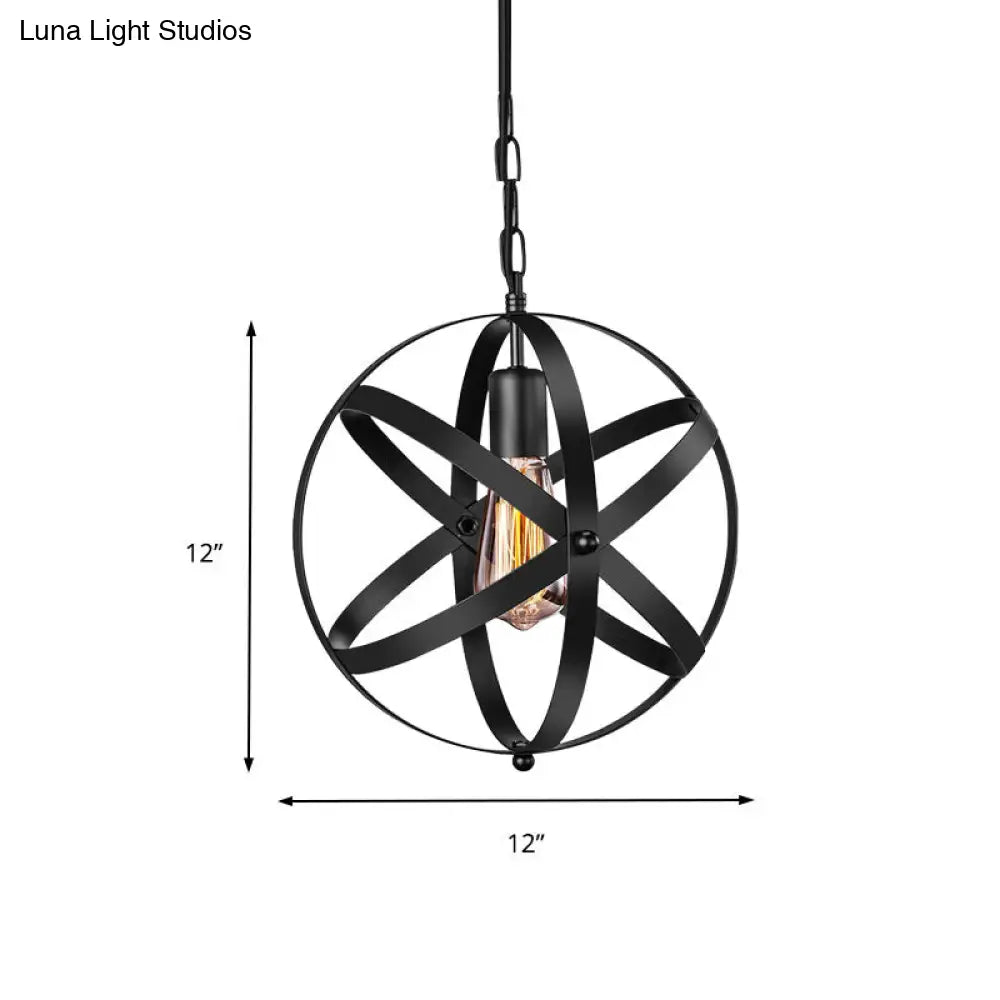 Industrial Black Metal Globe Pendant Lighting With Optional Crystal Ball - One Light Strap Design