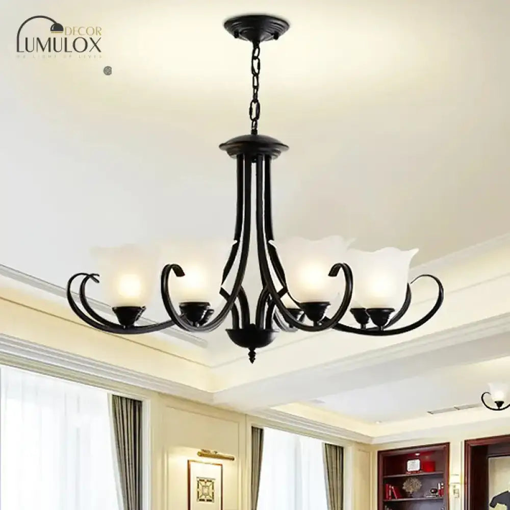 Opal Frosted Glass Black Chandelier Floral 3/8/9-Light Farmhouse Ceiling Pendant Lamp With