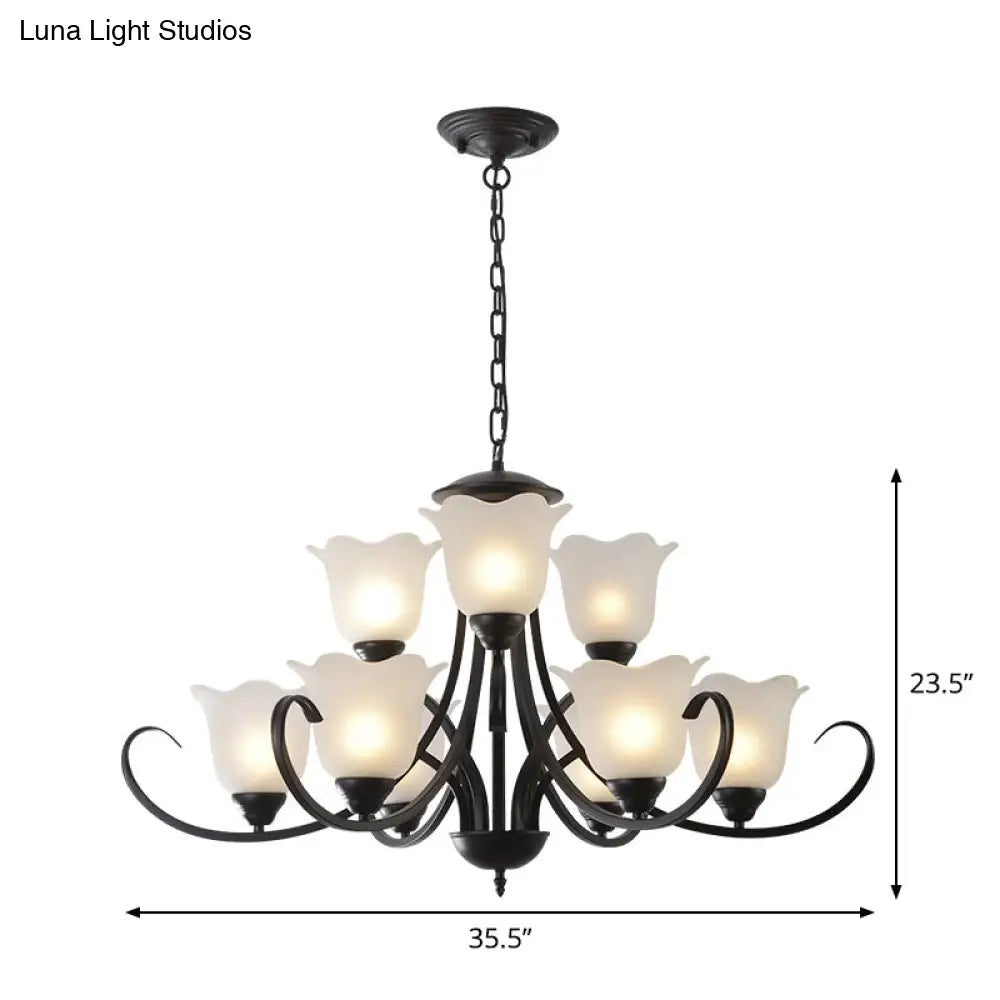 Opal Frosted Glass Black Chandelier - Farmhouse Ceiling Pendant Lamp (3/8/9-Light) With Scrolling