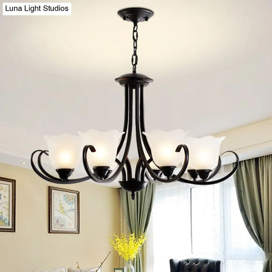 Opal Frosted Glass Black Chandelier - Farmhouse Ceiling Pendant Lamp (3/8/9-Light) With Scrolling