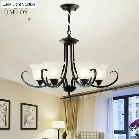 Opal Frosted Glass Black Chandelier Floral 3/8/9-Light Farmhouse Ceiling Pendant Lamp With