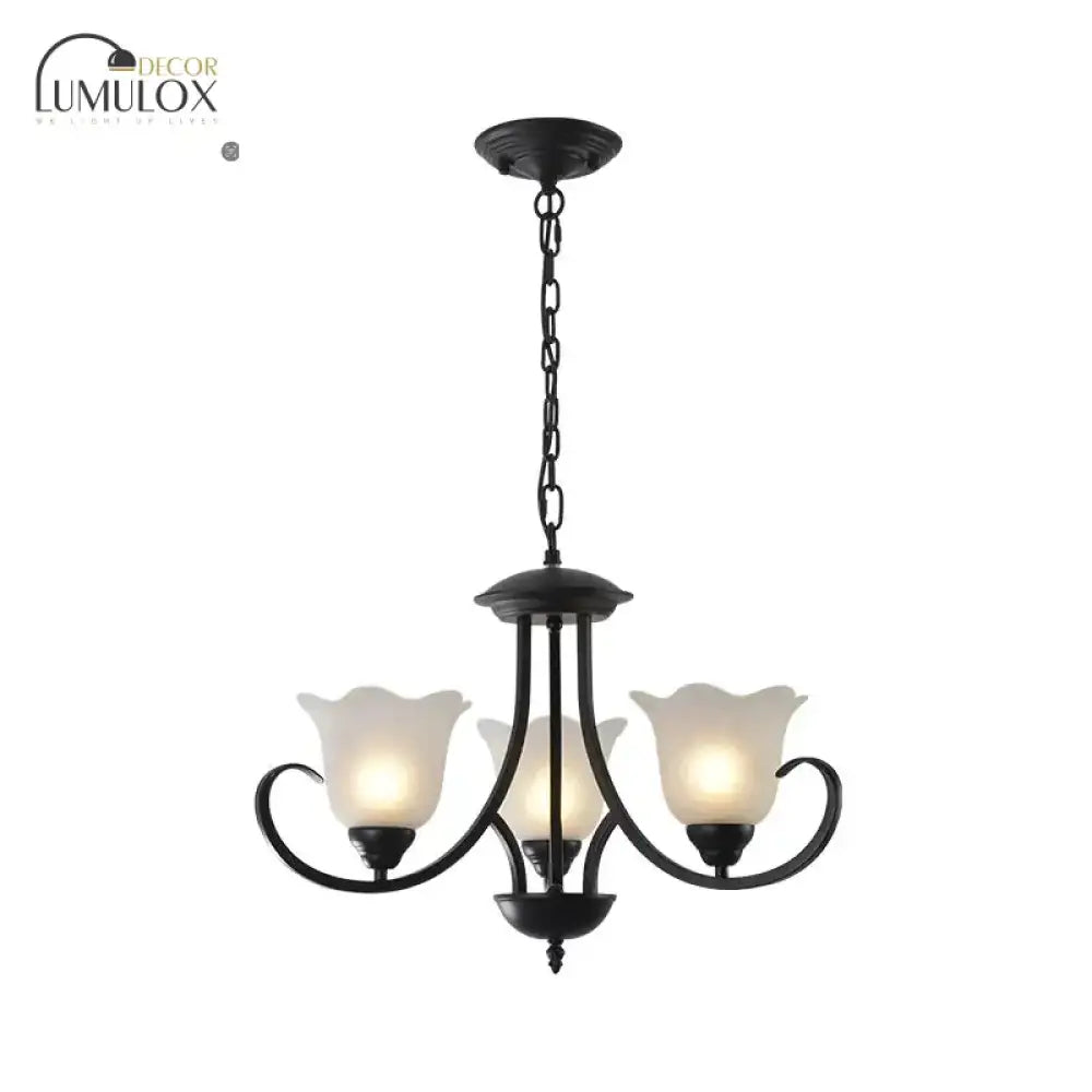 Opal Frosted Glass Black Chandelier Floral 3/8/9-Light Farmhouse Ceiling Pendant Lamp With