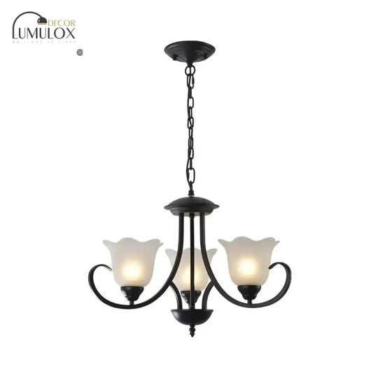 Opal Frosted Glass Black Chandelier Floral 3/8/9-Light Farmhouse Ceiling Pendant Lamp With