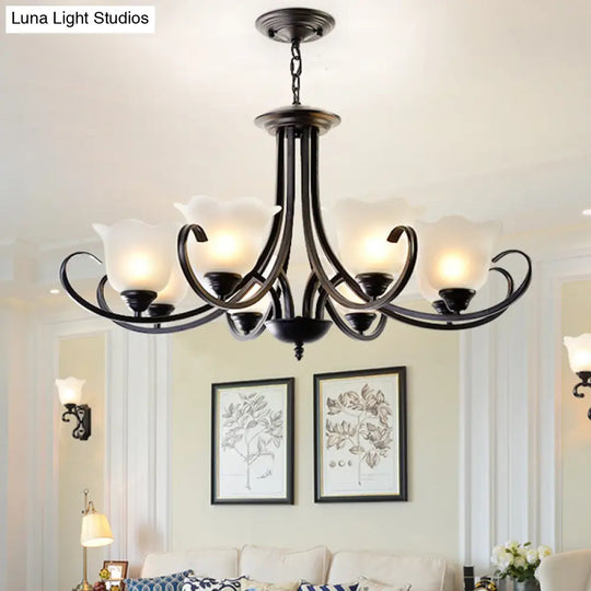 Opal Frosted Glass Black Chandelier - Farmhouse Ceiling Pendant Lamp (3/8/9-Light) With Scrolling