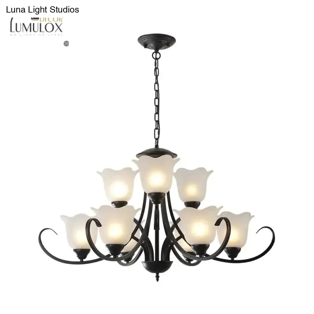 Opal Frosted Glass Black Chandelier Floral 3/8/9-Light Farmhouse Ceiling Pendant Lamp With