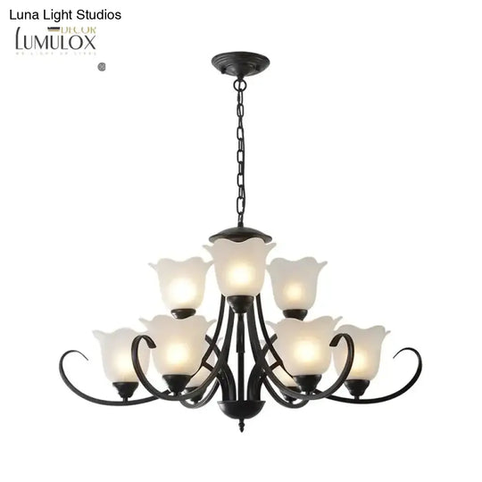 Opal Frosted Glass Black Chandelier Floral 3/8/9-Light Farmhouse Ceiling Pendant Lamp With