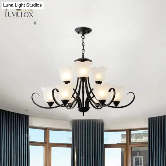 Opal Frosted Glass Black Chandelier Floral 3/8/9-Light Farmhouse Ceiling Pendant Lamp With