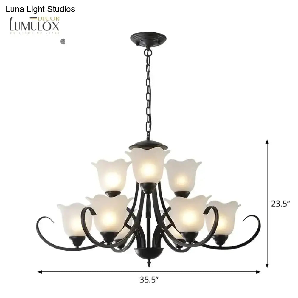 Opal Frosted Glass Black Chandelier Floral 3/8/9-Light Farmhouse Ceiling Pendant Lamp With