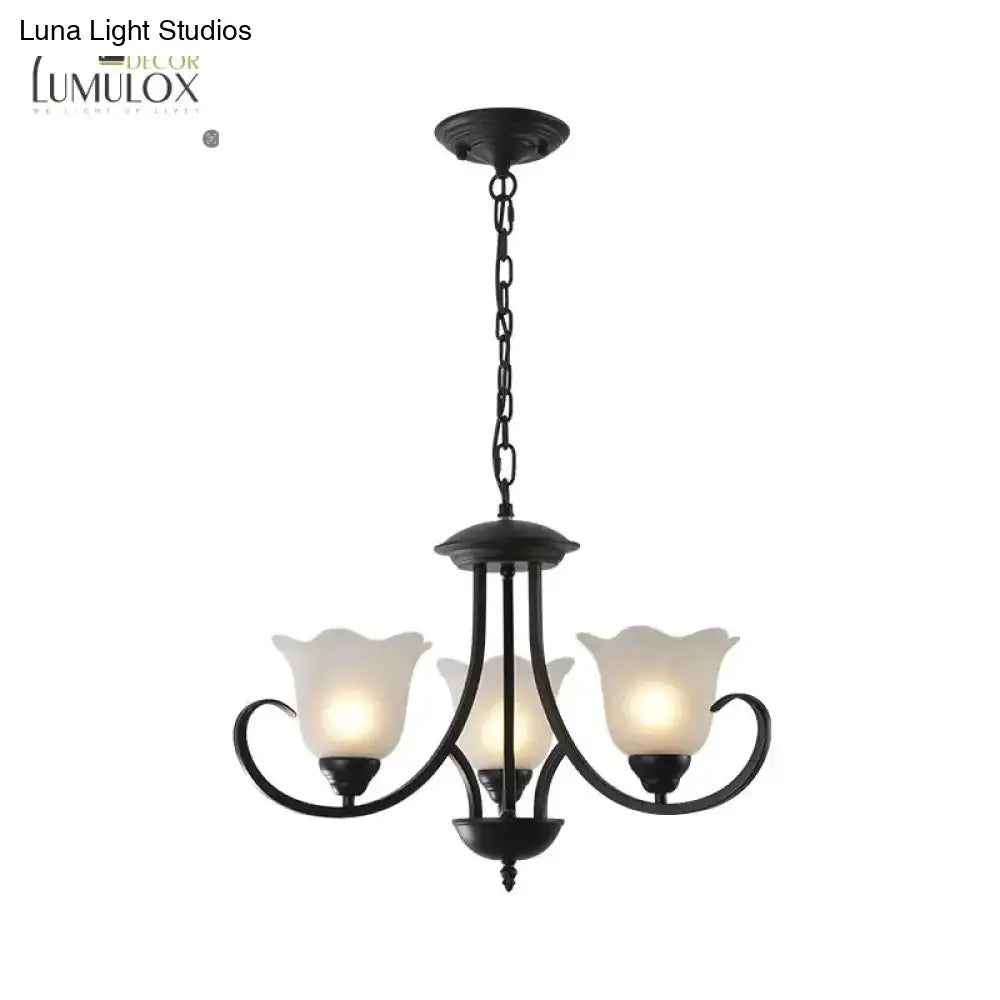 Opal Frosted Glass Black Chandelier Floral 3/8/9-Light Farmhouse Ceiling Pendant Lamp With