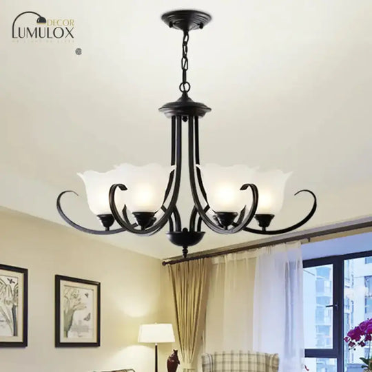 Opal Frosted Glass Black Chandelier Floral 3/8/9-Light Farmhouse Ceiling Pendant Lamp With