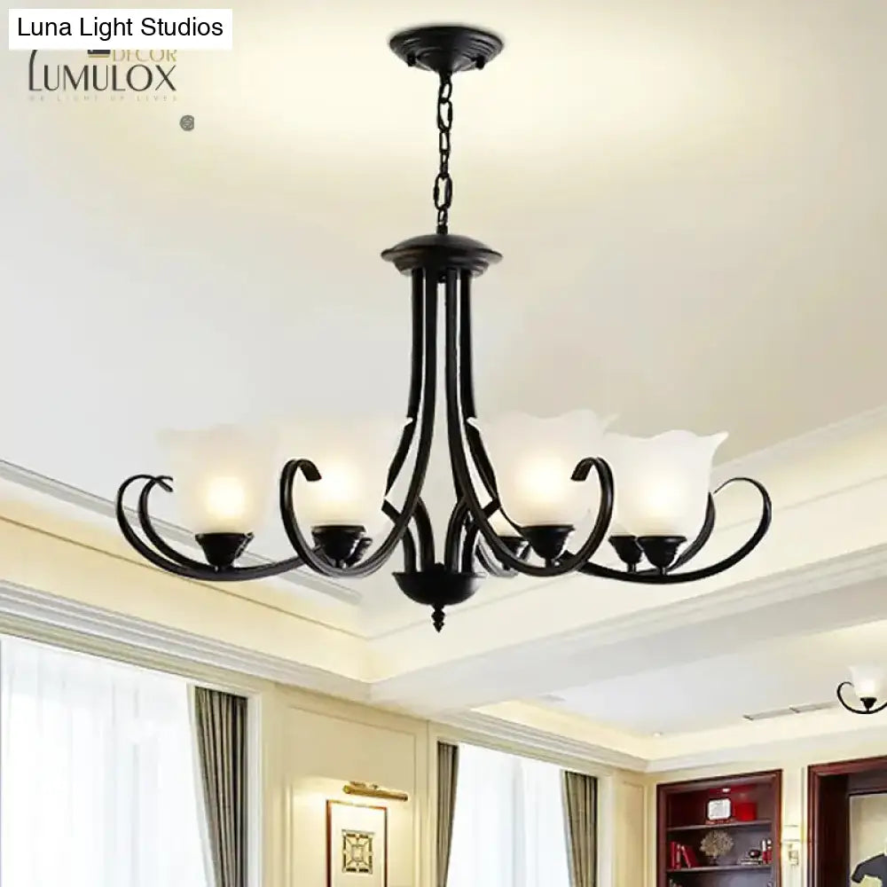 Opal Frosted Glass Black Chandelier Floral 3/8/9-Light Farmhouse Ceiling Pendant Lamp With