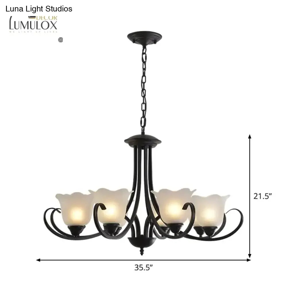 Opal Frosted Glass Black Chandelier Floral 3/8/9-Light Farmhouse Ceiling Pendant Lamp With