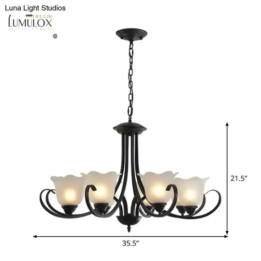 Opal Frosted Glass Black Chandelier Floral 3/8/9-Light Farmhouse Ceiling Pendant Lamp With