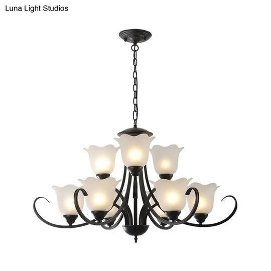 Opal Frosted Glass Black Chandelier - Farmhouse Ceiling Pendant Lamp (3/8/9-Light) With Scrolling