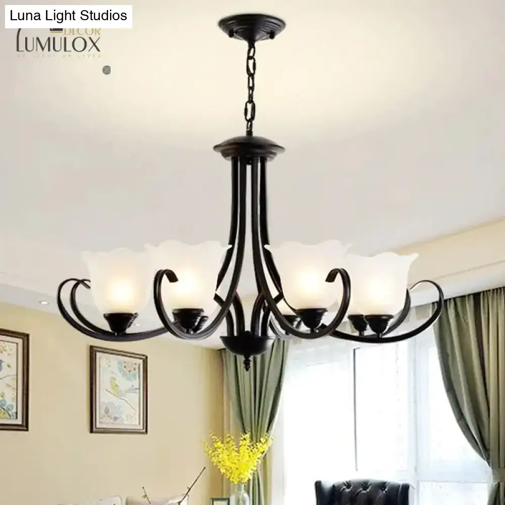 Opal Frosted Glass Black Chandelier Floral 3/8/9-Light Farmhouse Ceiling Pendant Lamp With