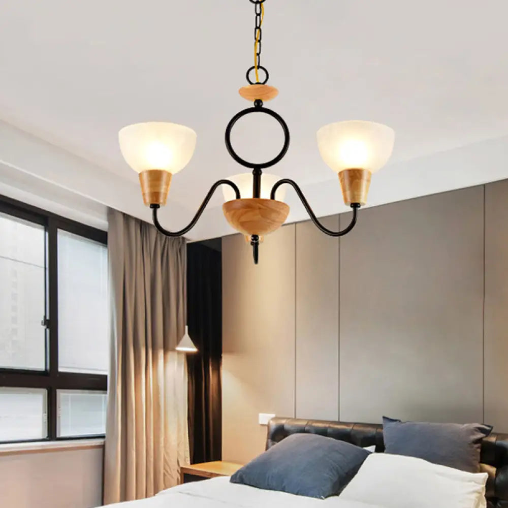 Opal Frosted Glass Bowl Chandelier With Nordic Wood And Black Ceiling Light For Bedroom 3 /