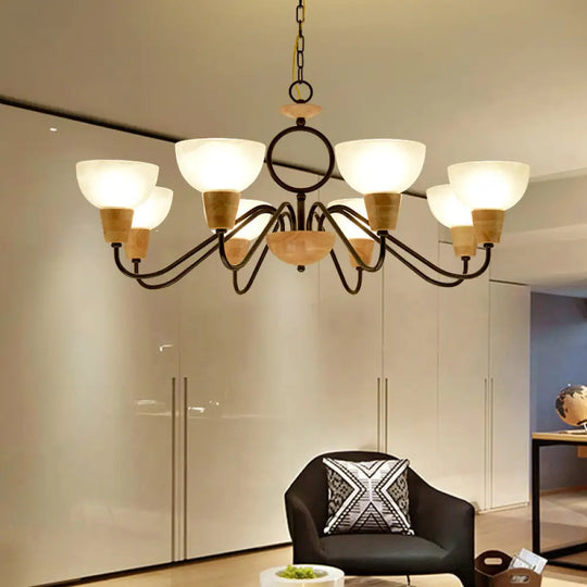 Opal Frosted Glass Bowl Chandelier With Nordic Wood And Black Ceiling Light For Bedroom 8 /