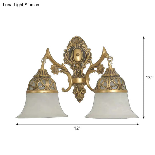 Opal Frosted Glass Bronze Wall Sconce Light Fixture - 2 Heads Antiqued Flared Design