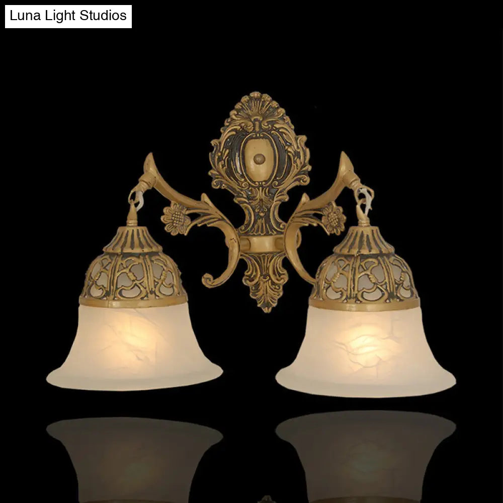 Opal Frosted Glass Bronze Wall Sconce Light Fixture - 2 Heads Antiqued Flared Design