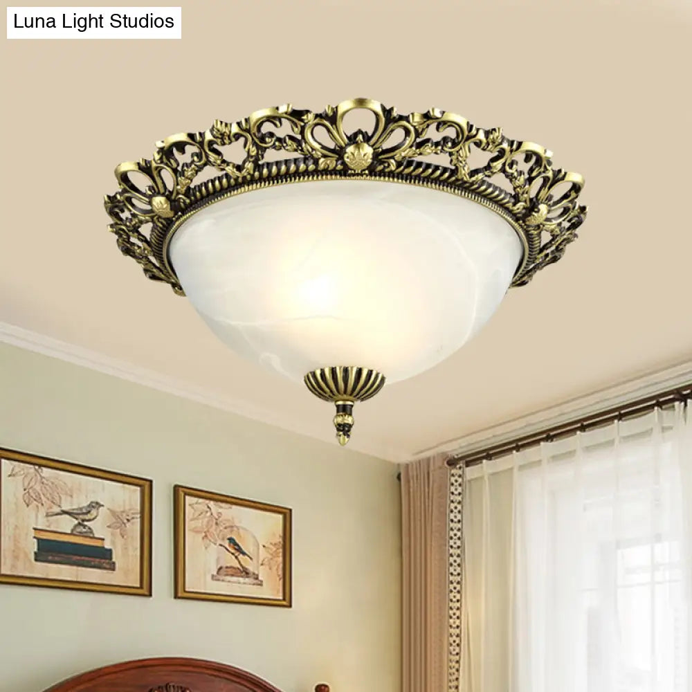 Opal Frosted Glass Flushmount Countryside Brass/White Floral Ceiling Lamp 11/19.5 Wide