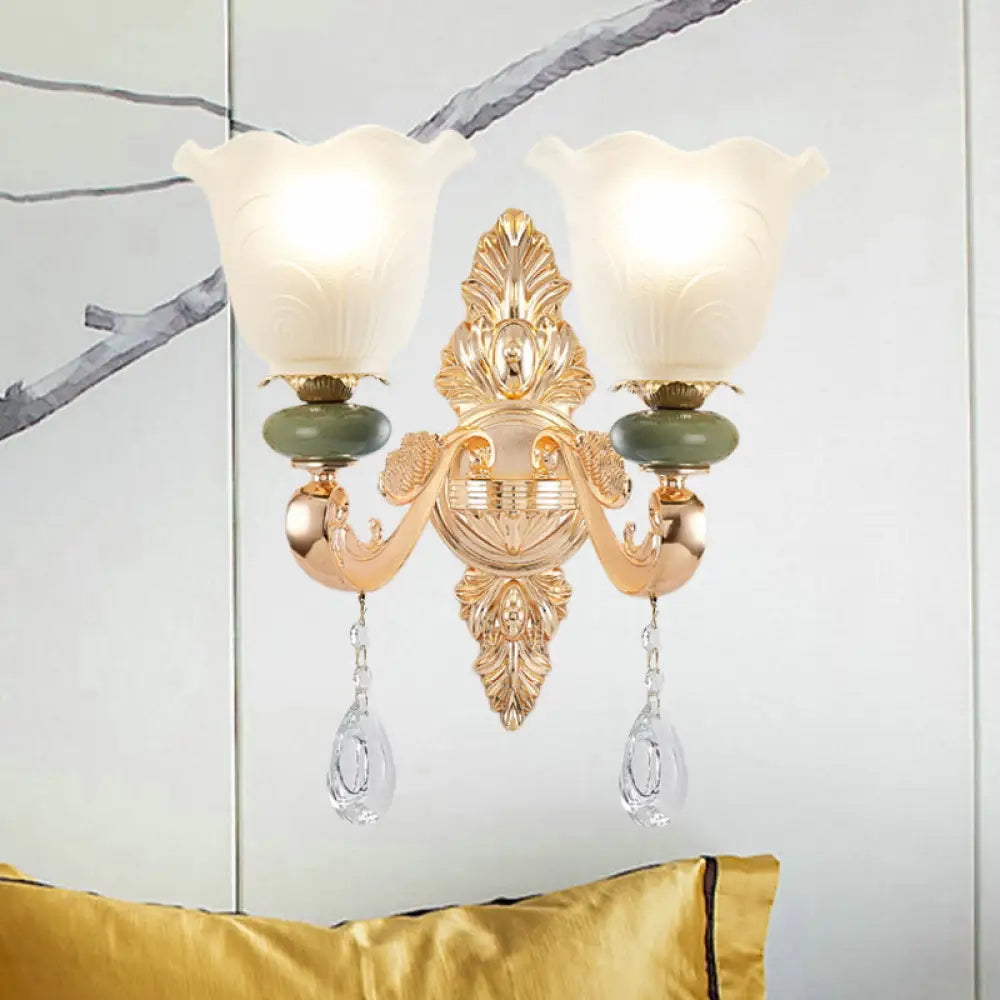 Opal Frosted Glass Ruffle Shade Wall Sconce Light In Gold Traditional Half-Bulb Lighting 2 /