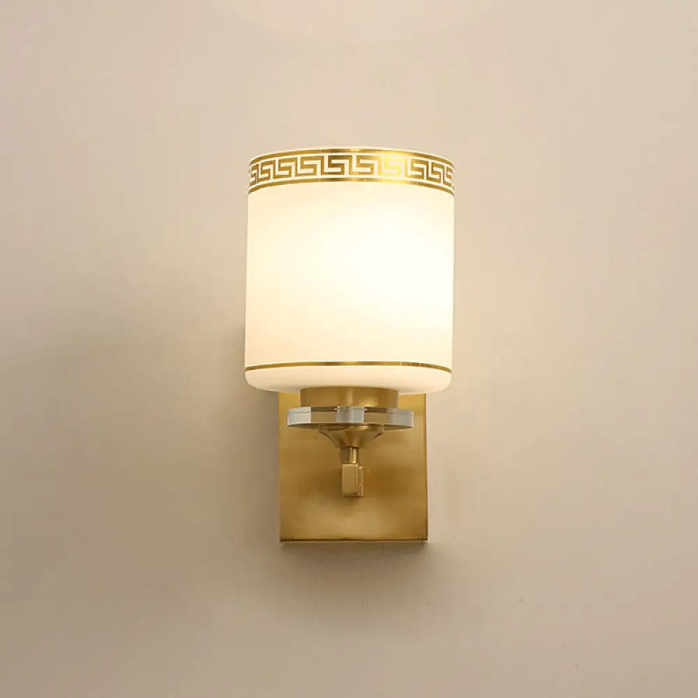 Opal Frosted Glass Wall Sconce In Gold Traditional Swastika Design