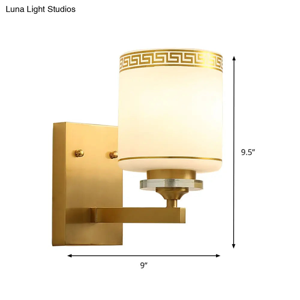 Opal Frosted Glass Wall Sconce In Gold Traditional Swastika Design