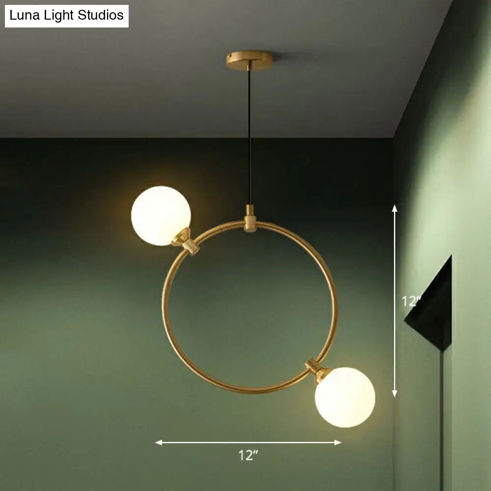 Opal Glass 2-Bulb Chandelier: Simple Style Gold Ceiling Light For Dining Room With Ring Deco / Large