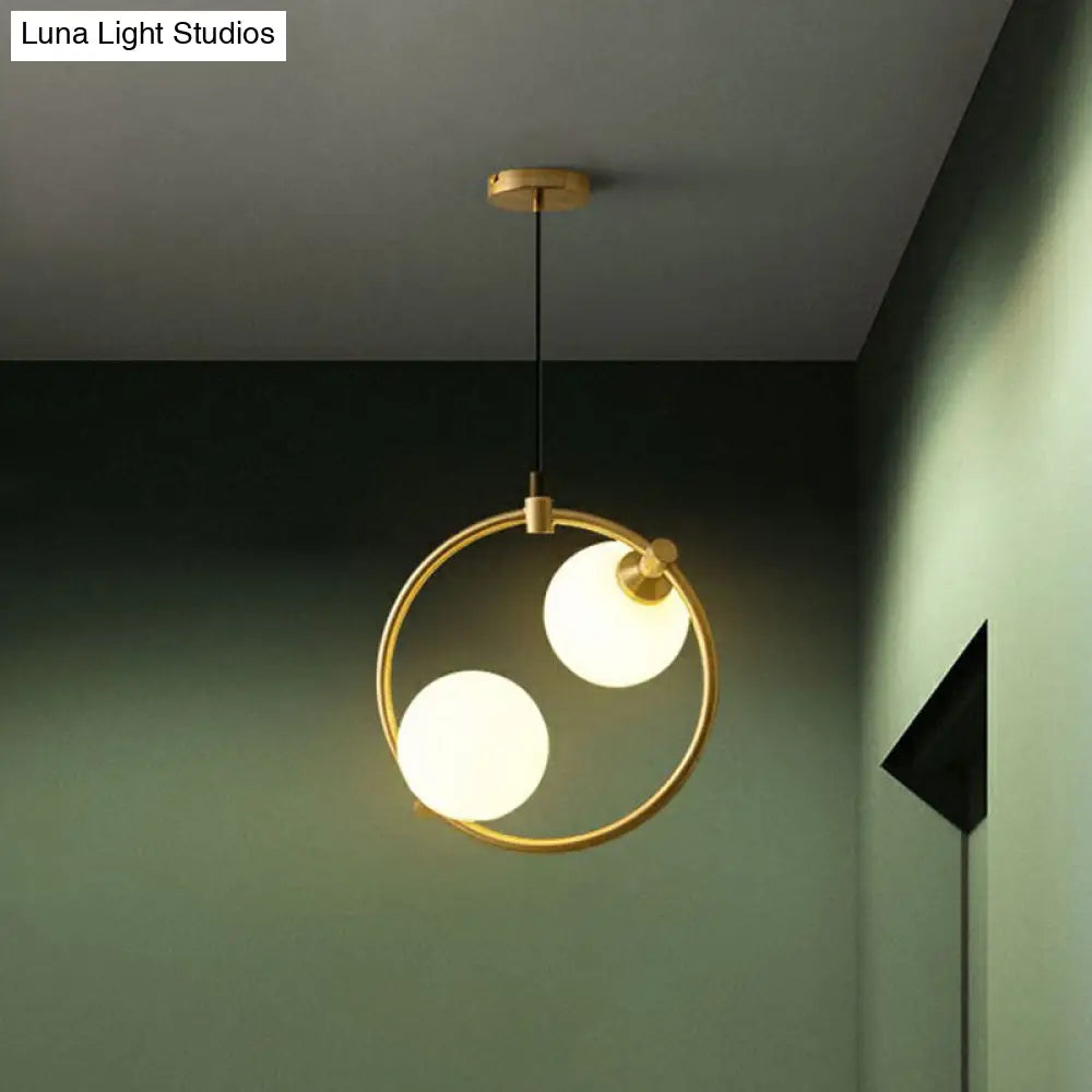 Opal Glass 2-Bulb Chandelier: Simple Style Gold Ceiling Light For Dining Room With Ring Deco