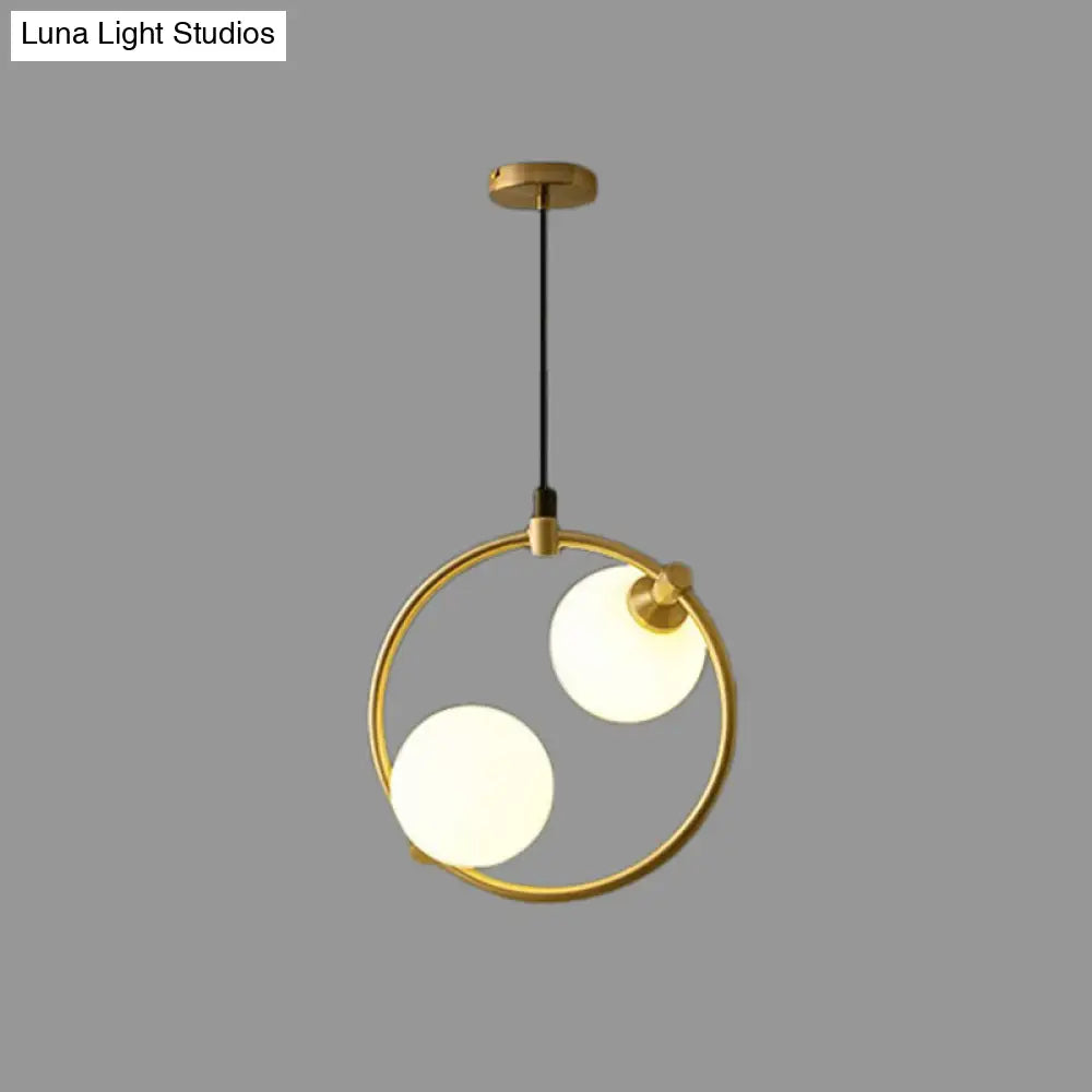 Opal Glass 2-Bulb Ball Pendant Chandelier - Simple Style Dining Room Ceiling Light In Gold